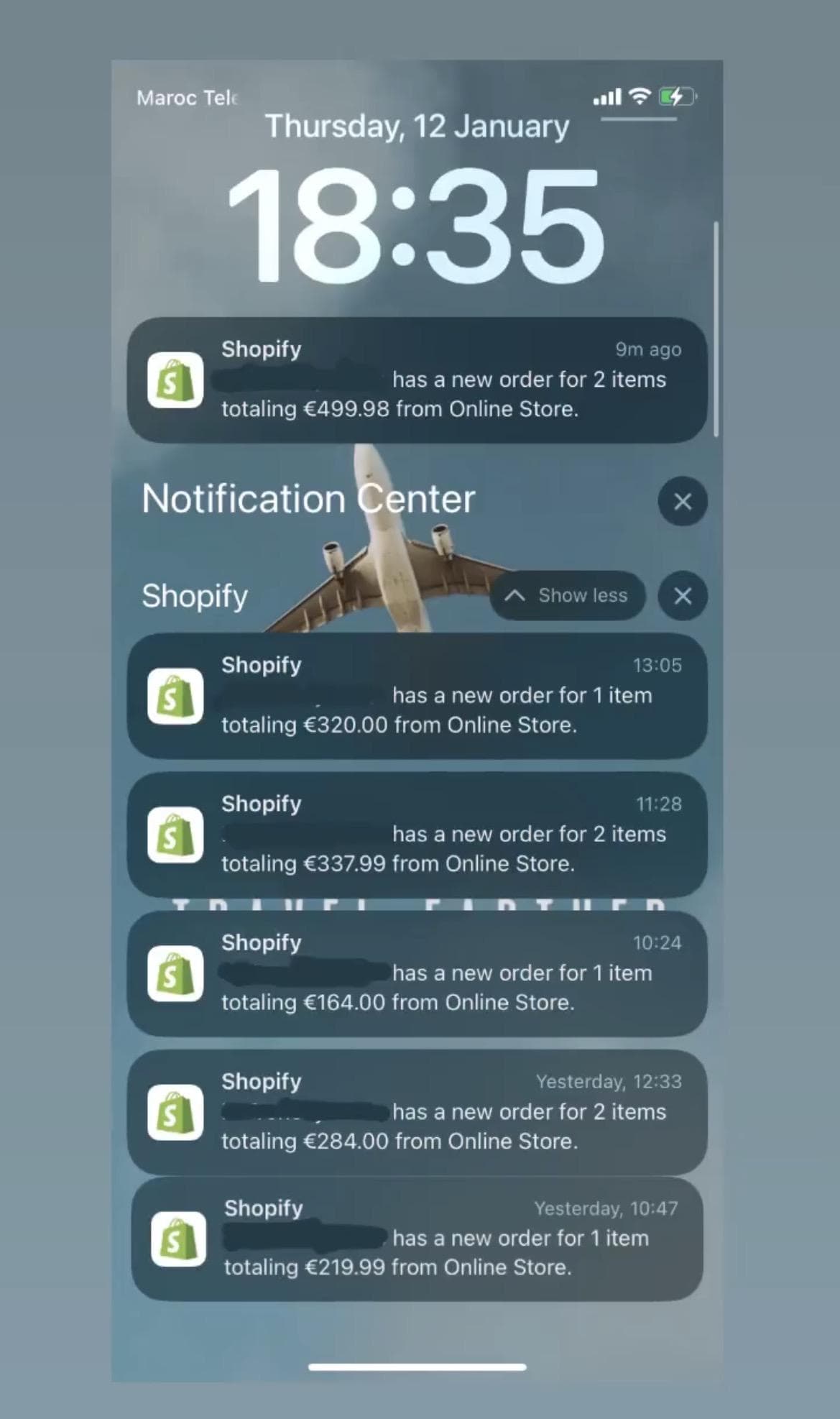 Notifications Shopify Mehdi CEO — commandes high ticket de 164 € à 499,98 €