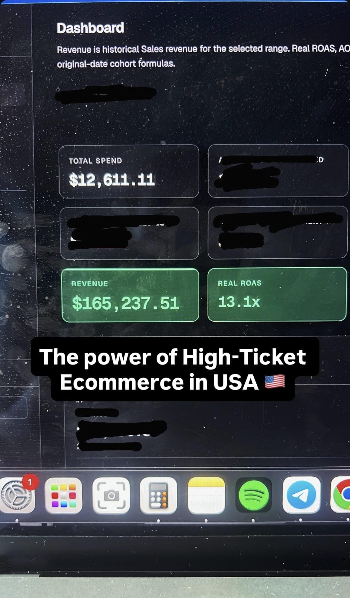 Dashboard publicitaire Mehdi CEO — 12 611 $ dépense, 165 237 $ revenue, ROAS 13,1x high ticket USA