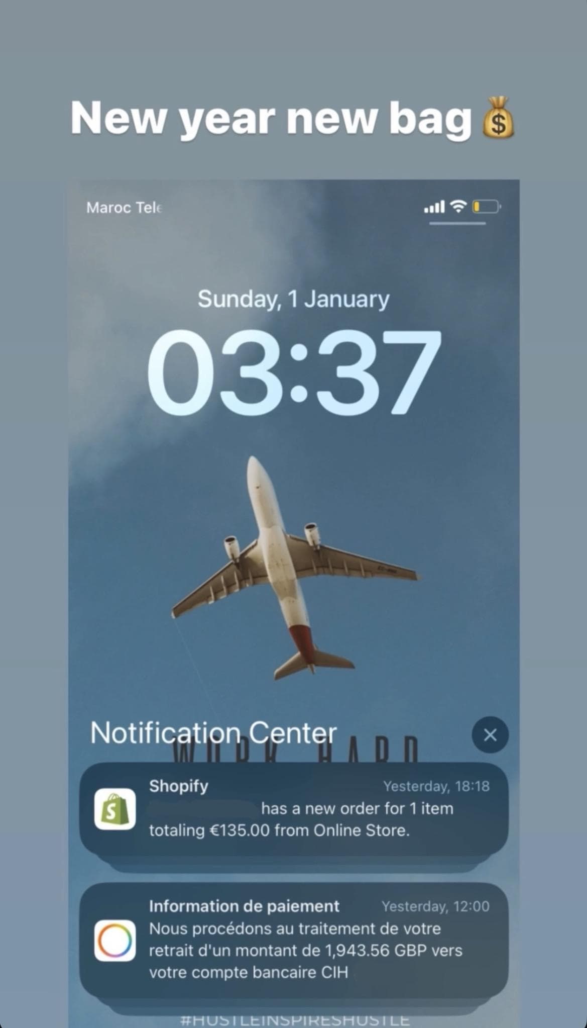 Notifications Mehdi CEO — commande Shopify 135 € et retrait 1 943,56 GBP vers CIH Maroc
