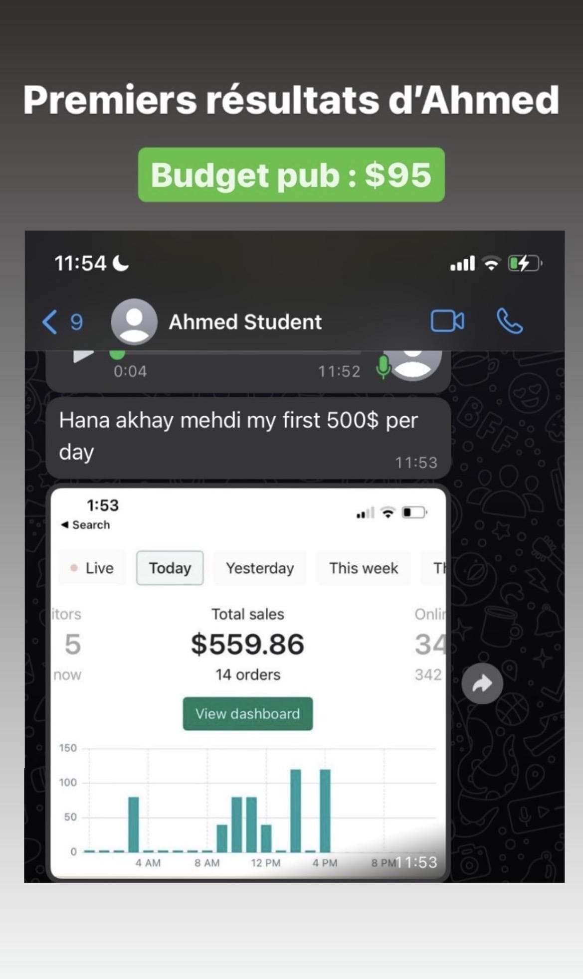 Capture d'écran des premiers résultats d'Ahmed, participant Ecom Billionaire avec Mehdi CEO : 559,86 $ de ventes en une journée pour un budget publicitaire de 95 $