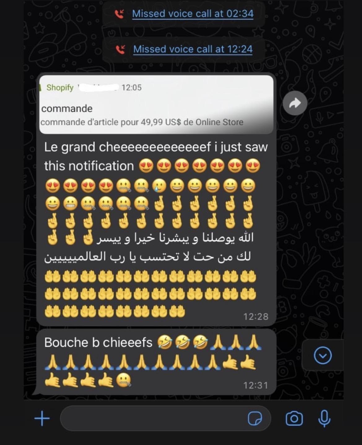 Capture d'écran WhatsApp d'un participant Ecom Billionaire célébrant une vente Shopify de 49,99 $ — témoignage Mehdi CEO